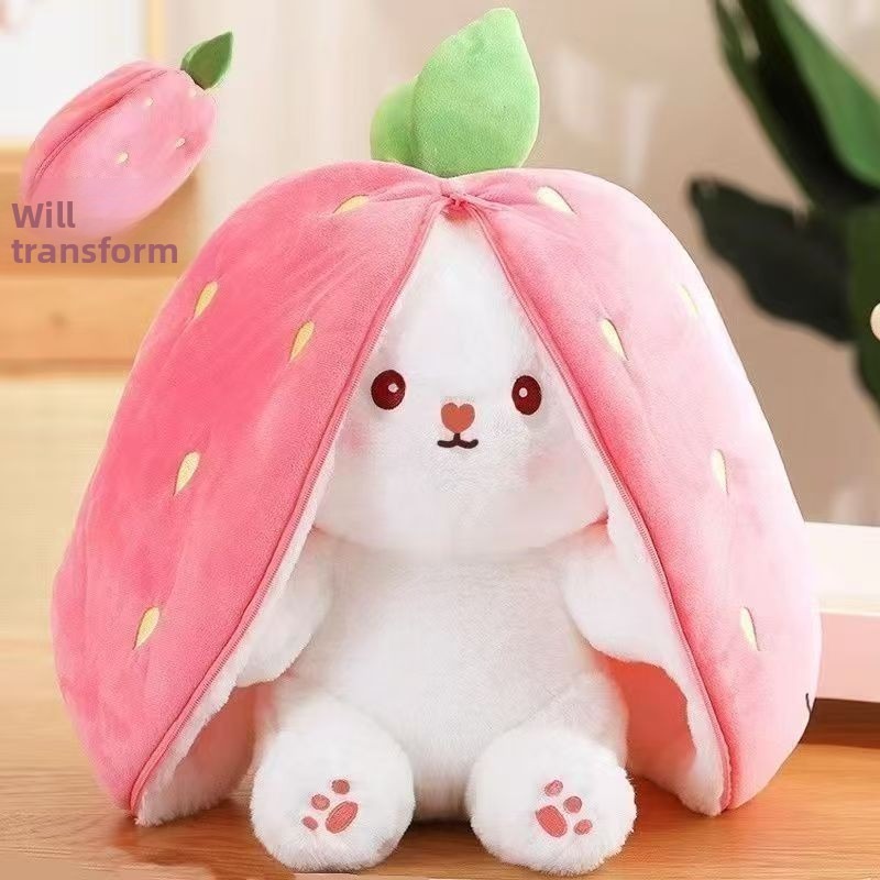 Strawberry rabbit plush toy transforms into little rabbit