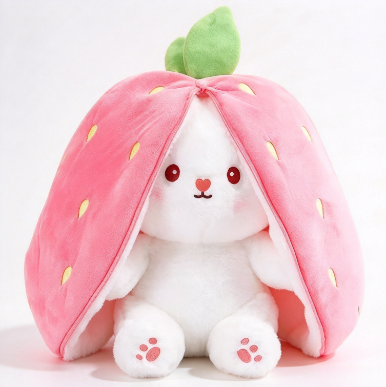 Strawberry rabbit plush toy transforms into little rabbit